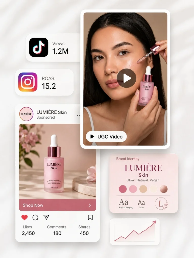 Creative Hub visual generating UGC video, Instagram ad, and brand identity guidelines