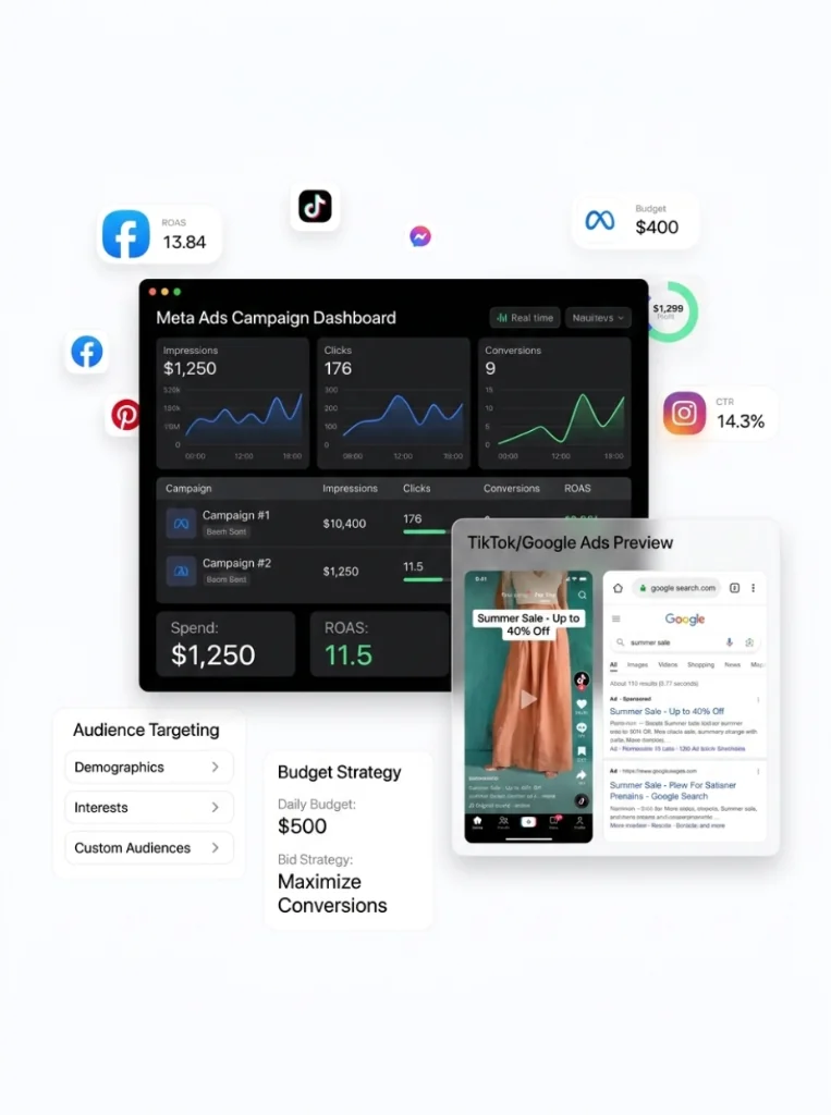 Marketing Hub dashboard managing Meta, TikTok, and Google ad campaigns