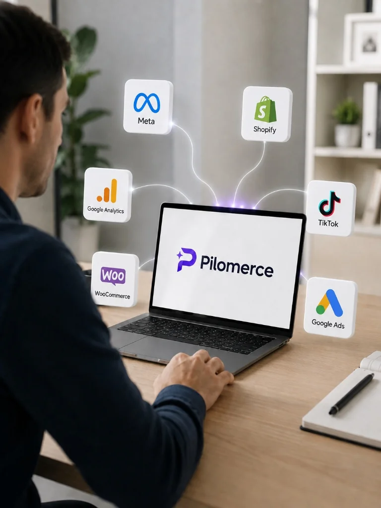 E-commerce founder operating Pilomerce with connected Shopify, Google Ads, Meta, TikTok, WooCommerce, and Google Analytics